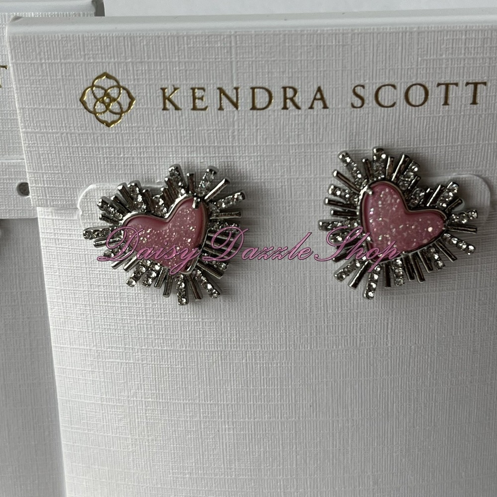 ✨New Kendra Scott x Dolly Parton Ari Heart Earrings Silver Pink Drusy🩷 - Picture 2 of 7